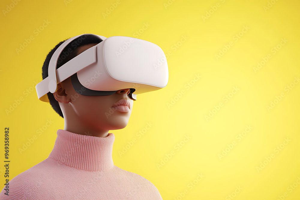 VR headset. Man wearing virtual reality goggles isolated on yellow background. VR headset. Man wearing virtual reality goggles isolated on yellow background.