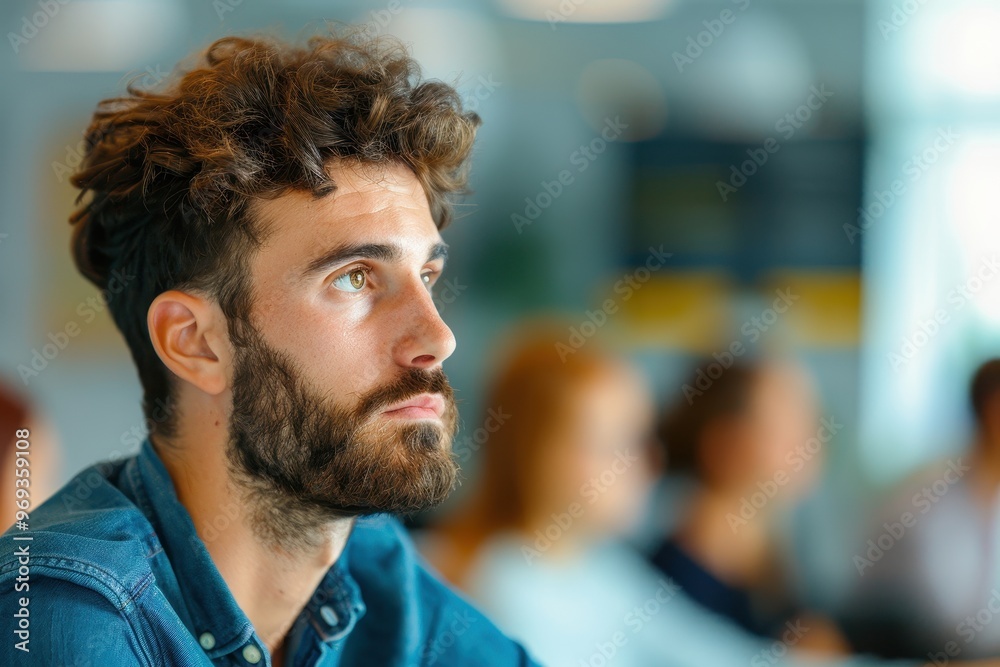 A young man with a beard and curly hair is looking thoughtfully into the distance, set in a casual environment with a blurred background of people. A young man with a beard and curly hair is looking thoughtfully into the distance, set in a casual environment with a blurred background of people.