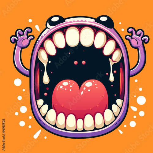 Funny monster face expression with mouth closeup, teeth and tongue. Monster mouth with tongue. Monster square avatar. Funny facial expression alien character cartoon. Cute monster orange background