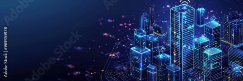 Abstract glowing blue cityscape with connected buildings and data flow.