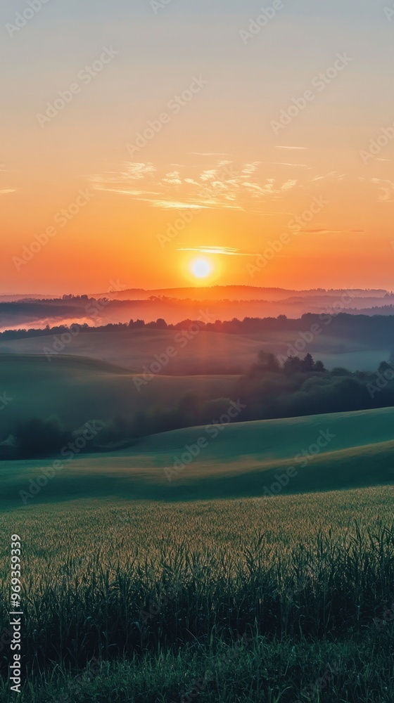 Serene sunrise over rolling green hills with distant mist, casting a warm, golden glow over the tranquil landscape. Serene sunrise over rolling green hills with distant mist, casting a warm, golden glow over the tranquil landscape.