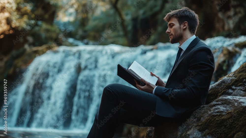 Obraz premium A young businessman sitting by a waterfall, with a notebook open, lost in thought