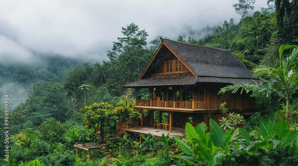 Fototapeta premium Traditional wooden house on a hillside, surrounded by lush forests.