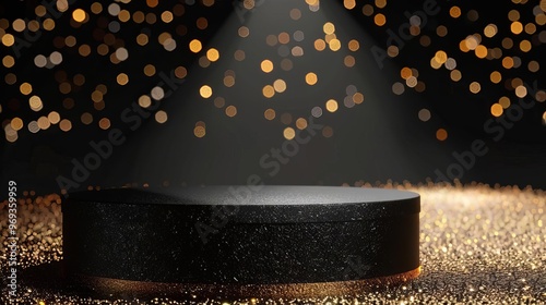 Black podium product stage with spotlight and golden glitter background photo