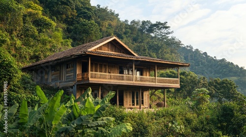 Traditional wooden house on a hillside, surrounded by lush forests.