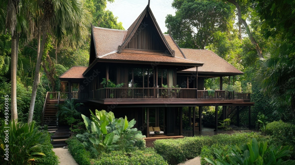 Traditional wooden Thai house with a raised platform and steep roof surrounded by greenery. Traditional wooden Thai house with a raised platform and steep roof surrounded by greenery.