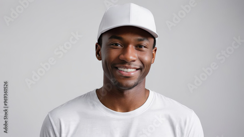 Black man wearing white t-shirt and white baseball cap isolated on grey background