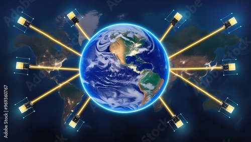 Digital transformation of global business networks, featuring data analytics, e-commerce, and world map connections with points and lines representing global communication