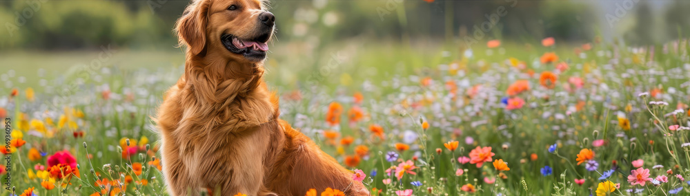 Obraz premium Golden retriever sitting happily in a field of vibrant flowers, exuding warmth and contentment on a bright, sunny day with copy space, professional color grading with copy space
