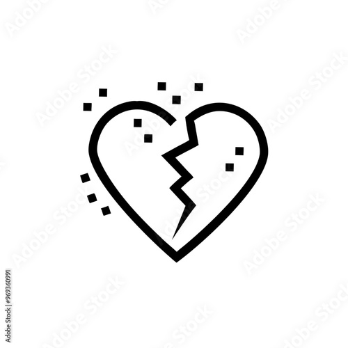 Broken heart icon with pixelated effect, minimalist black and white design