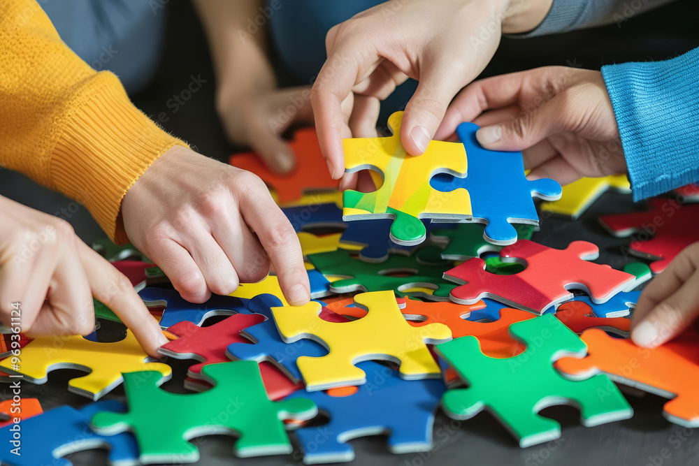 Group of people assembling colorful jigsaw puzzle pieces, symbolizing teamwork and new ventures Group of people assembling colorful jigsaw puzzle pieces, symbolizing teamwork and new ventures