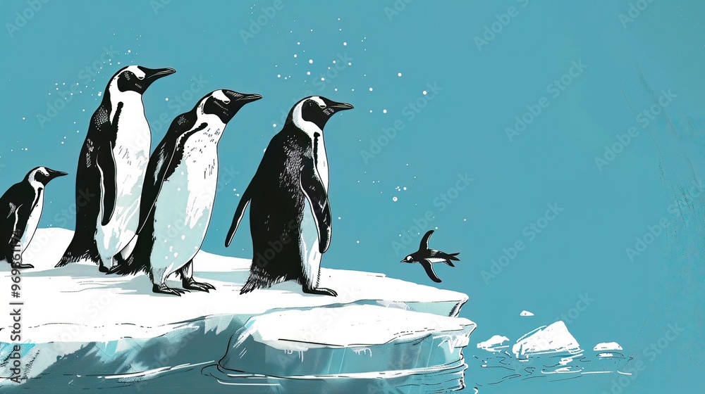 Obraz premium Hand drawn penguins on an ice floe, black and white contrast with icy blue background Antarctic setting