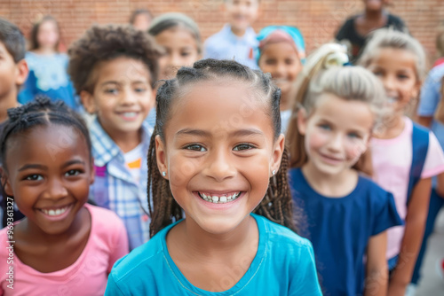 Smiling diverse group of elementary school children.