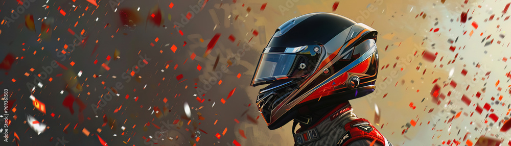 Fototapeta premium Helmeted champion exults, confetti cascade, golden hour a success story 916
