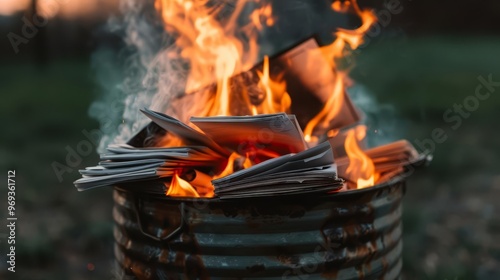 Close-up of a burning pile of books in a metal bucket. photo