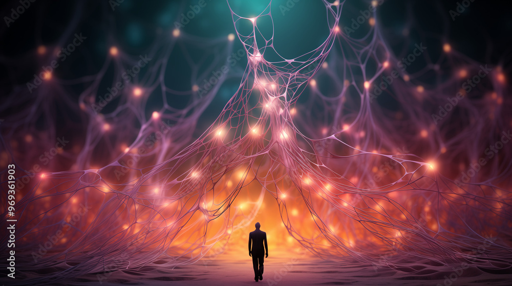 Surreal figure exploring a glowing neural network in an abstract environment Surreal figure exploring a glowing neural network in an abstract environment