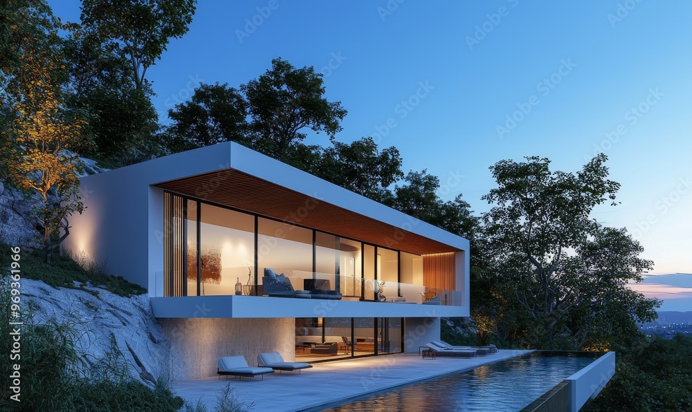 Fototapeta premium This is a 3D rendering of a cozy modern house on a hill with swimming pool for sale or rent. There is beautiful landscaping in the background. It is a clear summer night with many stars in the sky.