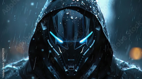 Hooded futuristic warrior, raindrops on helmet, eyes aglow with menace and mystery