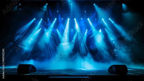 Empty stage with blue spotlight and smoke. Ideal for concert or performance background.
