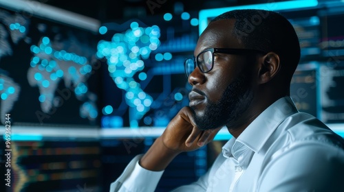 Focused businessman in glasses looking at data on screen with world map in background.