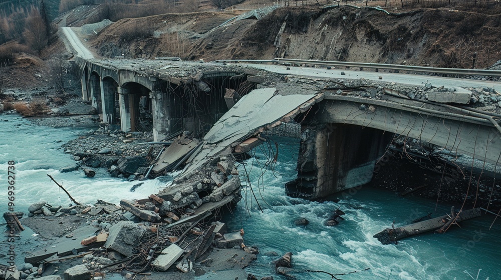 Infrastructure collapse, showing a broken bridge over a river ...
