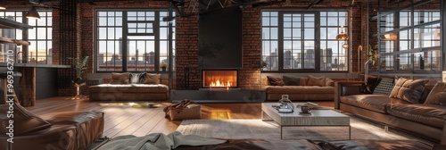 Modern loft living room with fireplace, large windows, and leather furniture.