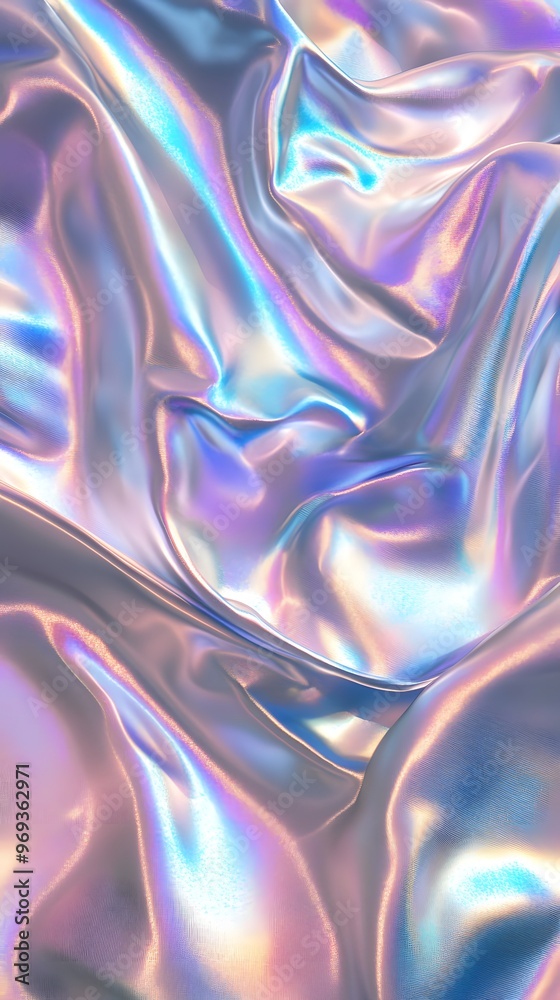 Fototapeta premium Iridescent silver, blue, and purple wavy cloth, shiny and glossy