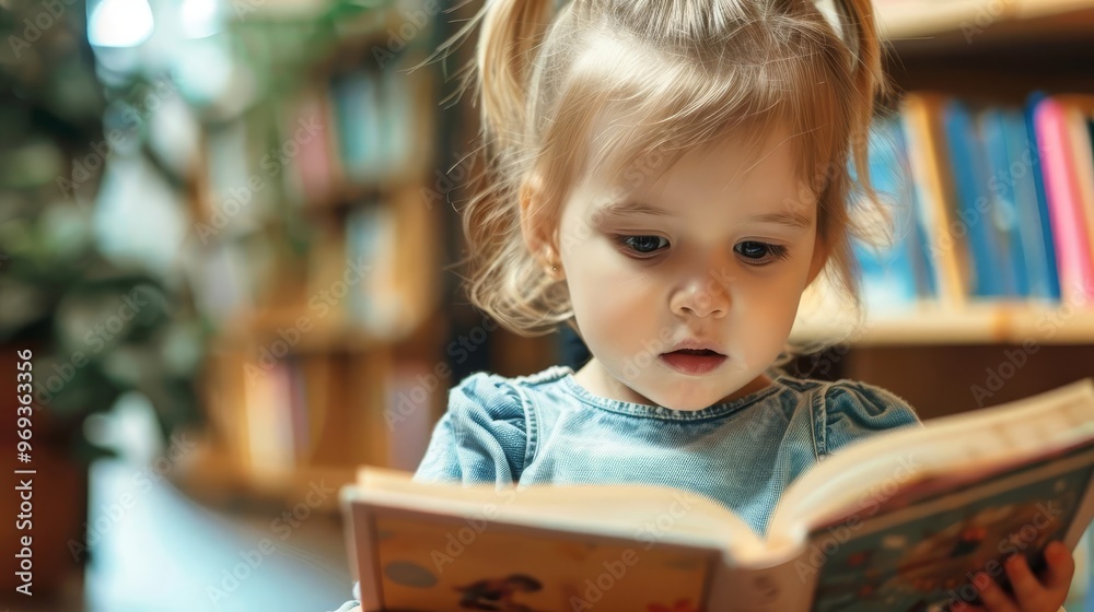 Little girl reading a book, representing the joy of children s literature and the importance of early childhood education and reading with copy space