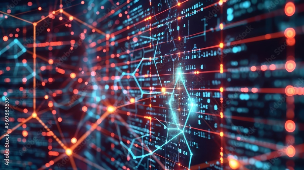 Machine learning algorithm visualized on a computer screen with complex data patterns with copy space Machine learning algorithm visualized on a computer screen with complex data patterns with copy space