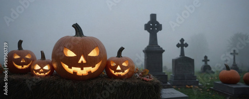 Spooky Halloween Pumpkins in a Foggy Graveyard