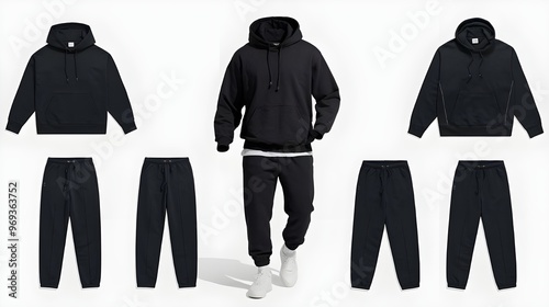 Black Hoodie and Sweatpants Set  Casual Wear  Comfortable Clothing  Blank Mockup  Fashion Apparel