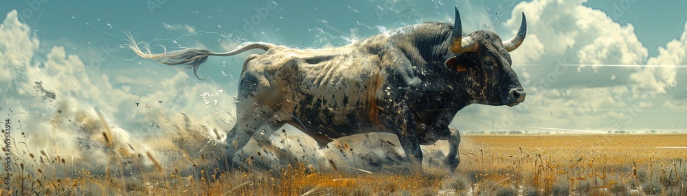 Obraz premium Mechanical bull with kinetic energy converters charging through the energy fields of a power plant pasture