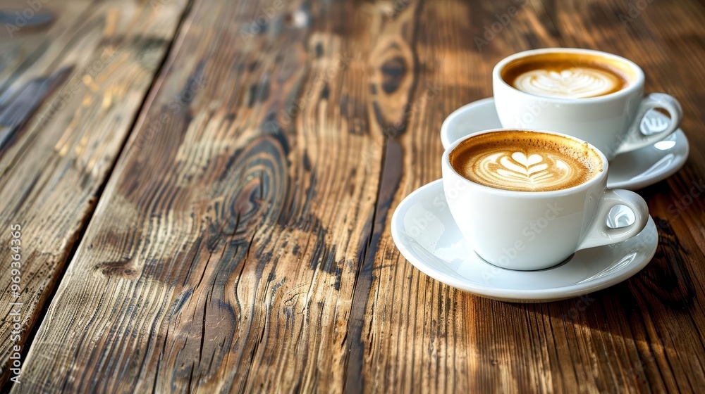 Obraz premium Two cups of latte art coffee on a wooden table.