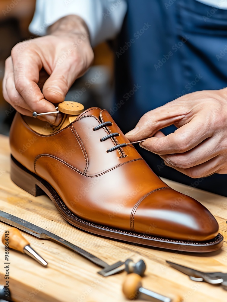 A skilled artisan meticulously working on a high-quality leather shoe, showcasing traditional craftsmanship in shoemaking. A skilled artisan meticulously working on a high-quality leather shoe, showcasing traditional craftsmanship in shoemaking.