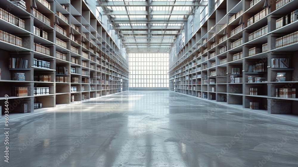 Open industrial space, rows of shelves, soft daylight a warehouse efficiency Open industrial space, rows of shelves, soft daylight a warehouse efficiency