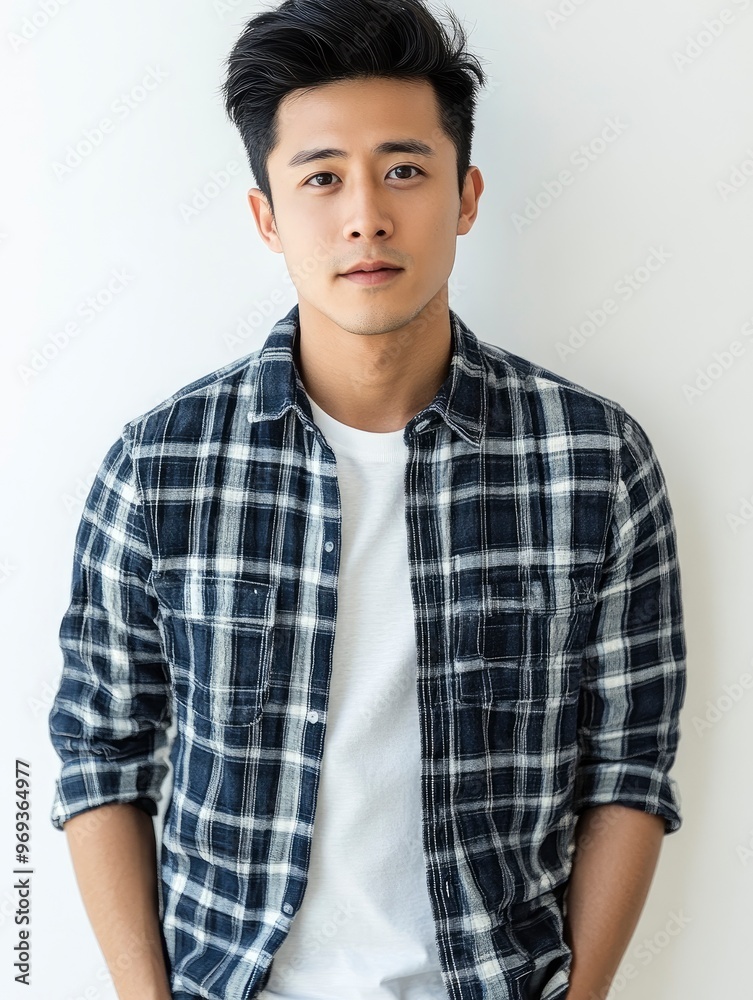 Image of young Asian man on white background with generative ai Image of young Asian man on white background with generative ai