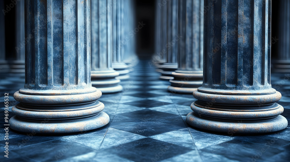 A corridor of ancient columns with a patterned floor, evoking a sense of grandeur. A corridor of ancient columns with a patterned floor, evoking a sense of grandeur.