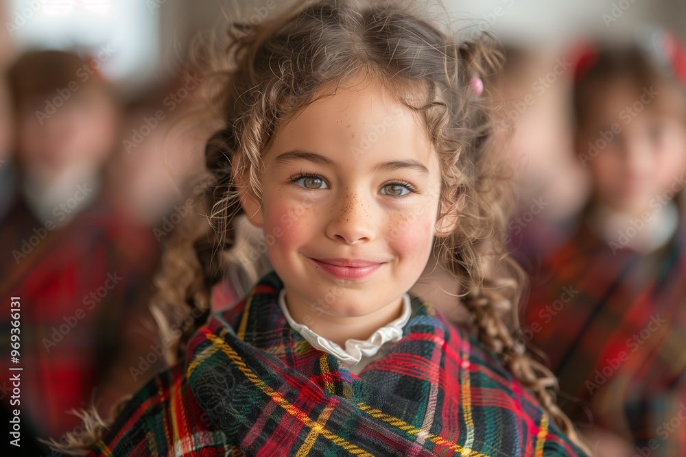 Young girl in a colorful plaid wrap smiling warmly at a festive gathering in a cheerful indoor setting Young girl in a colorful plaid wrap smiling warmly at a festive gathering in a cheerful indoor setting