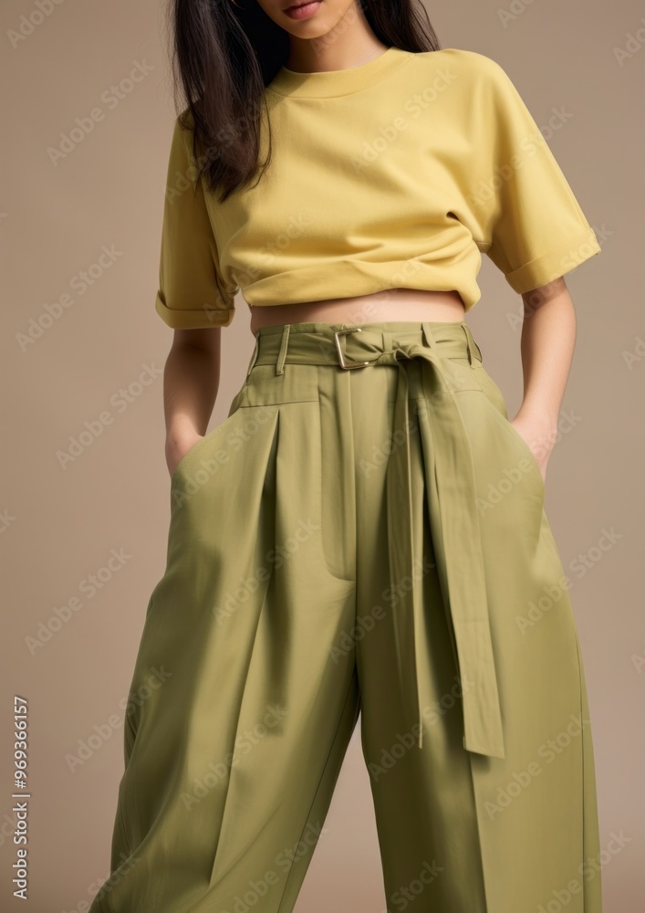 High-waist trousers with an adjustable elasticated double waistband pocket adult khaki. High-waist trousers with an adjustable elasticated double waistband pocket adult khaki.