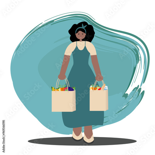 Illustration of young dark-skinned African American girl shopping, holding paper bags with groceries. For use in retail marketing, food and nutrition blogs, e-commerce websites.