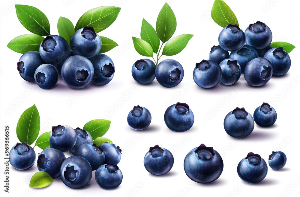 A Collection of Fresh Blueberries with Leaves in Various Clusters for a Vibrant Fruit Display A Collection of Fresh Blueberries with Leaves in Various Clusters for a Vibrant Fruit Display
