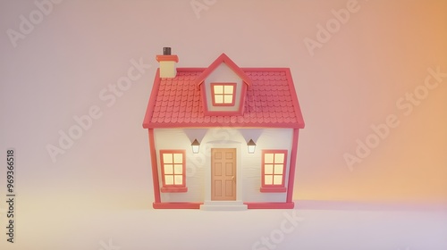 Cute Pink and White Cartoon House with Yellow Windows and Lights