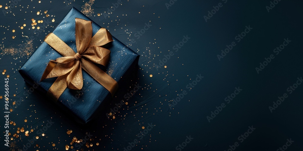 Dark blue gift box with gold ribbon background celebration decoration. Dark blue gift box with gold ribbon background celebration decoration.