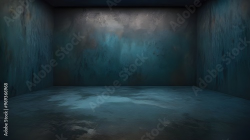 Dark Blue Room Interior with Concrete Walls and Floor photo