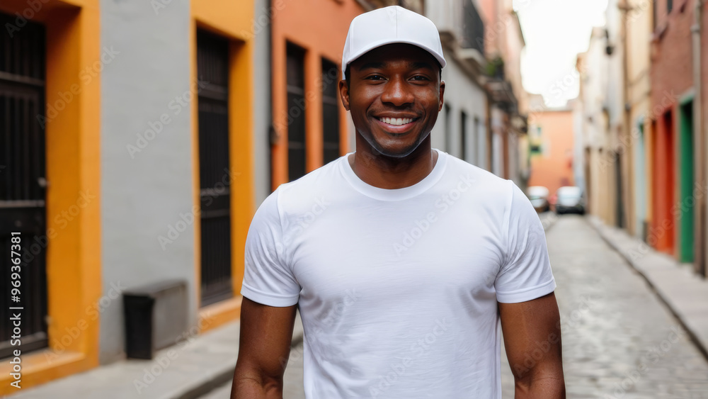 Black man wearing white t-shirt and white baseball cap standing in a city alley Black man wearing white t-shirt and white baseball cap standing in a city alley