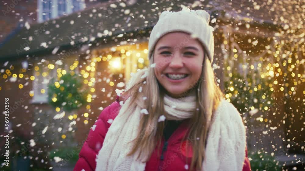 Portrait Of Smiling Teenage Girl Outdoors Dressed For Winter In Snow Delivering Christmas Presents Portrait Of Smiling Teenage Girl Outdoors Dressed For Winter In Snow Delivering Christmas Presents