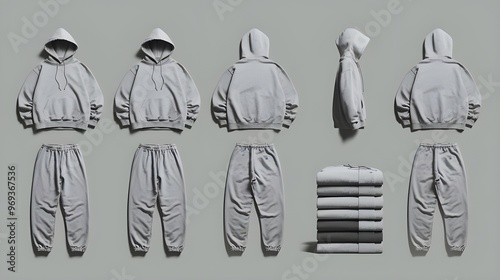 Gray Hoodie and Sweatpants Mockup with Stacked Sweatshirts