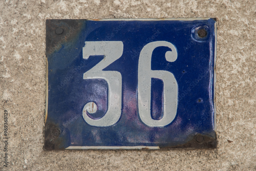 Weathered enameled plate of street address with number 36 Weathered enameled plate of street address with number 36