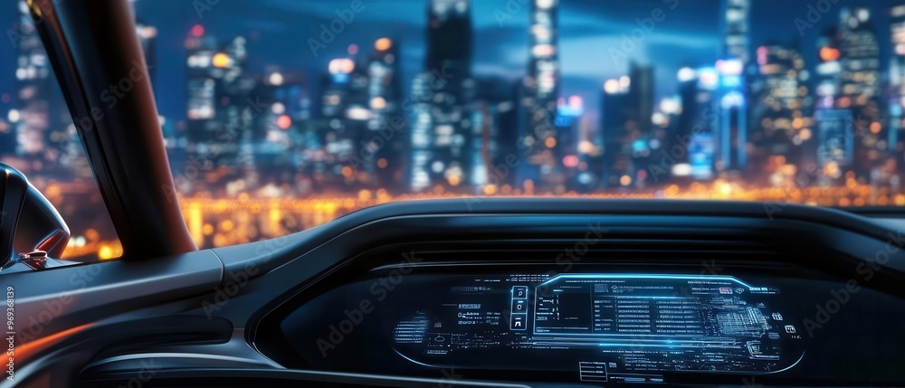 Obraz premium Futuristic car dashboard, holographic controls, neonlit cityscape, sleek design