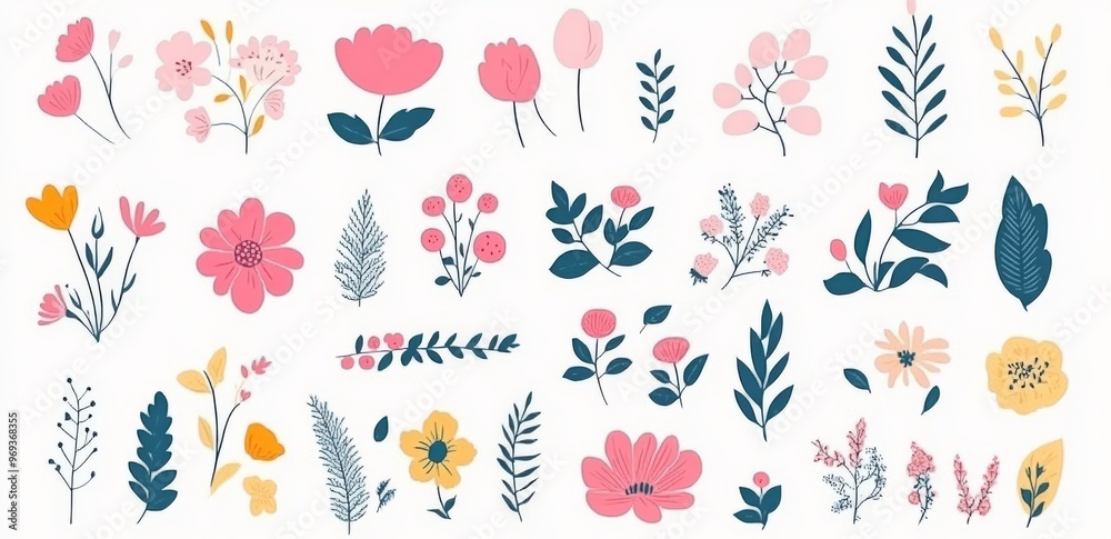 Isolated set of spring flowers, hand drawn modern illustration of flowers on white Isolated set of spring flowers, hand drawn modern illustration of flowers on white